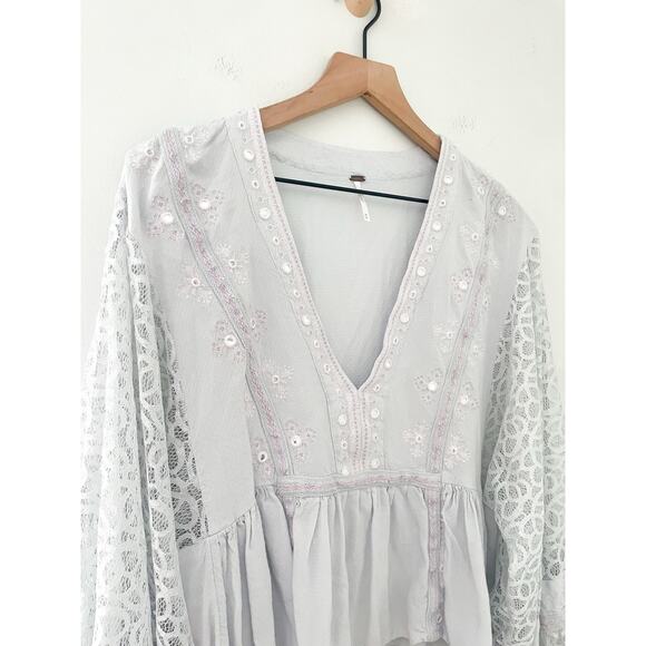 Free People Boogie All Night Eyelet Top Medium Silver Gray Balloon Sleeve Boho - Picture 4 of 11